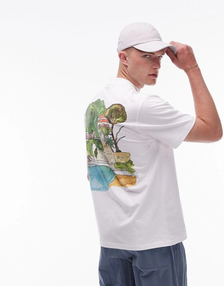 Topman Topman oversized fit t-shirt with watercolour riviera front and back print in white 3