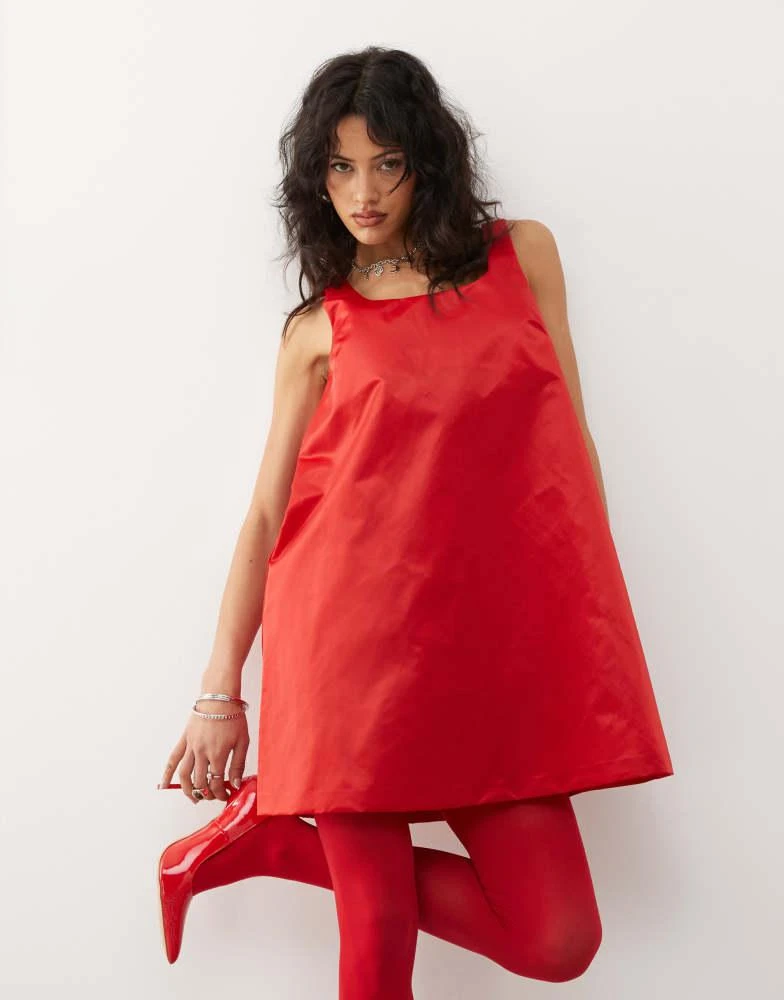 Monki Monki satin look pinafore mini dress in red 1