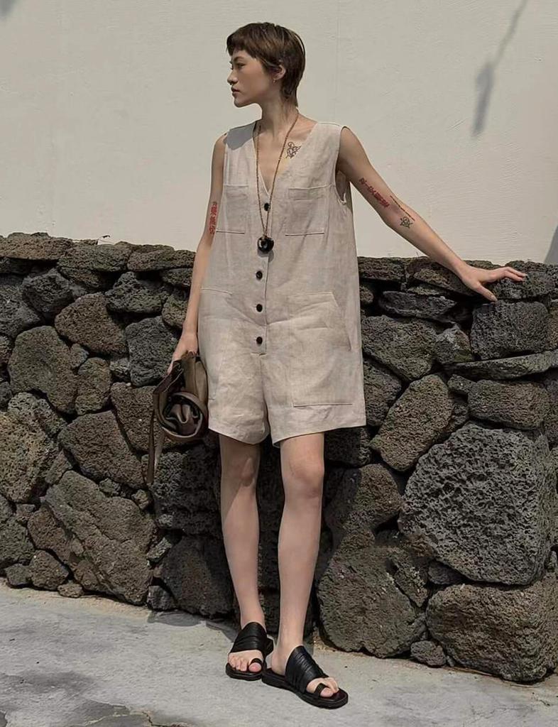 Pixie Market Linen Button Romper-PREORDER