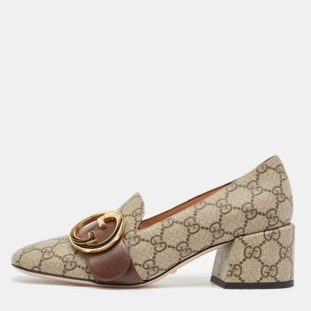 Gucci Gucci Grey/Brown Canvas and Leather Blondie Block Heel Pumps Size 37.5 1