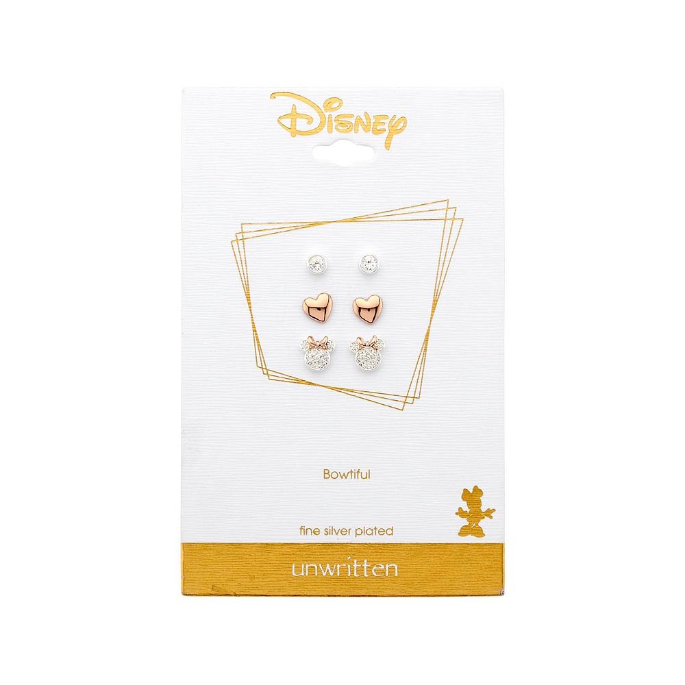 Disney Three Pair Silver Plated Two Tone Rose Gold Minnie Mouse Earring Set with Rose Gold Heart and Bezel Cubic Zirconia Stud