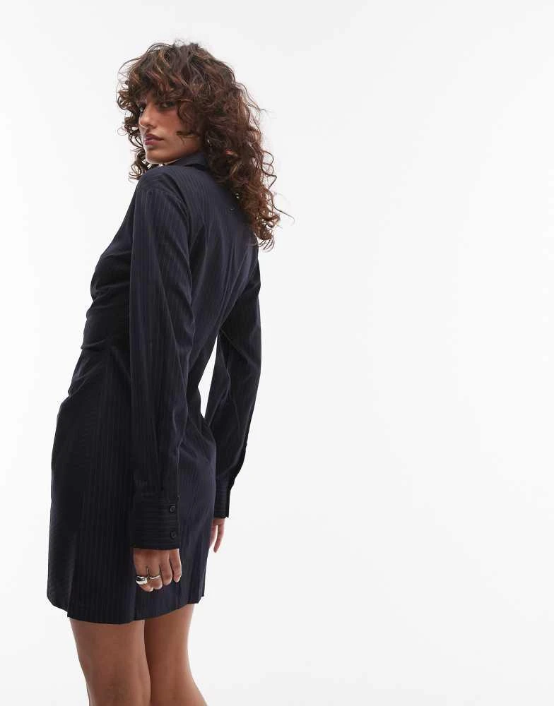 Mango Mango ruched side pinstripe zip down mini dress in navy 3