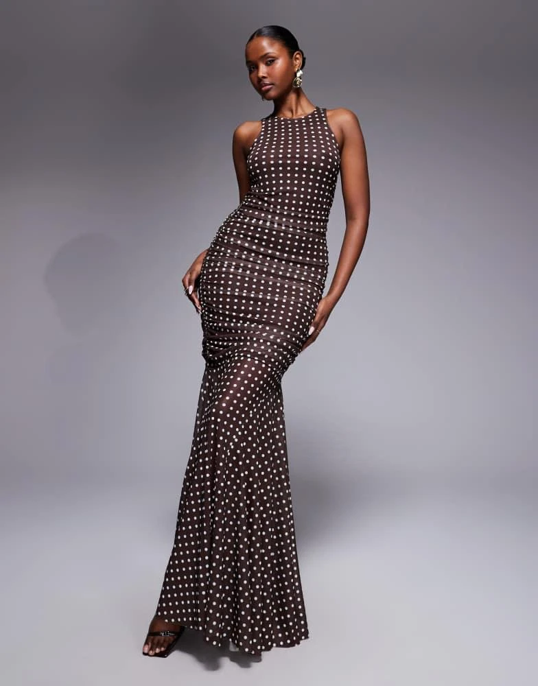 brown dotted horses maxi dress Chocolate Speck Polka Dot Pin Tuck Maxi Flores Dress XS