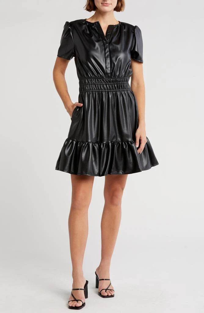 Grey Collective Split Neck Short Sleeve Faux Leather Minidress 1
