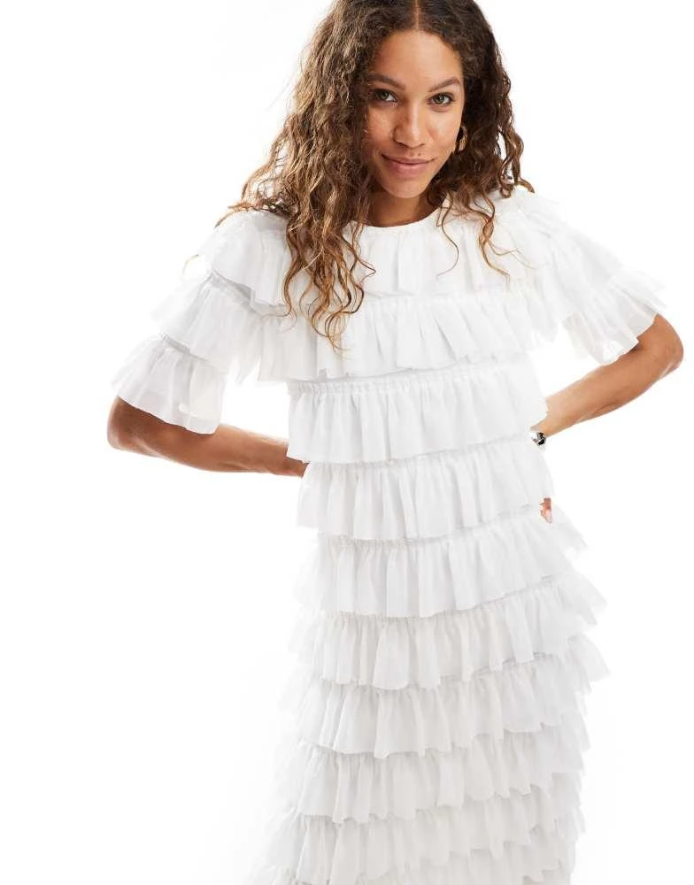 Ghospell Ghospell tiered ruffle midaxi dress in cream 1