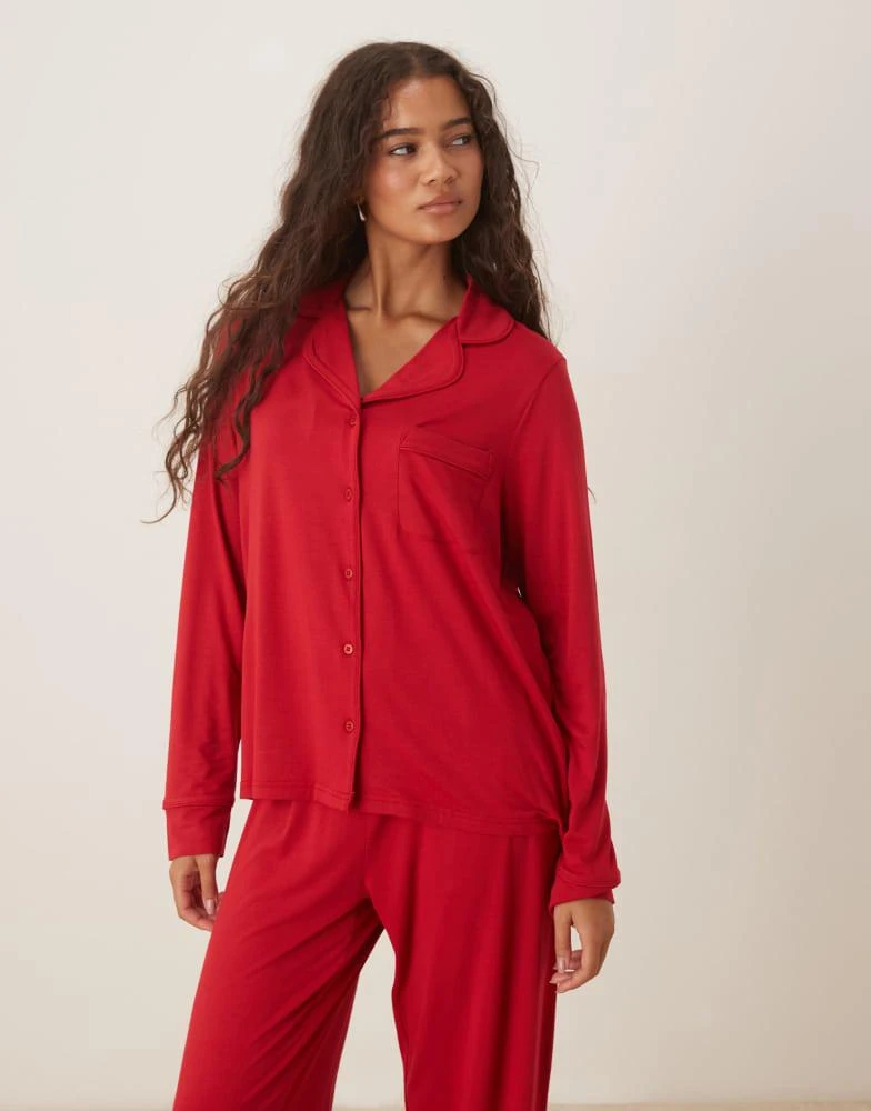 ASOS ASOS DESIGN super soft long sleeve shirt 
trouser pyjama set in red 4