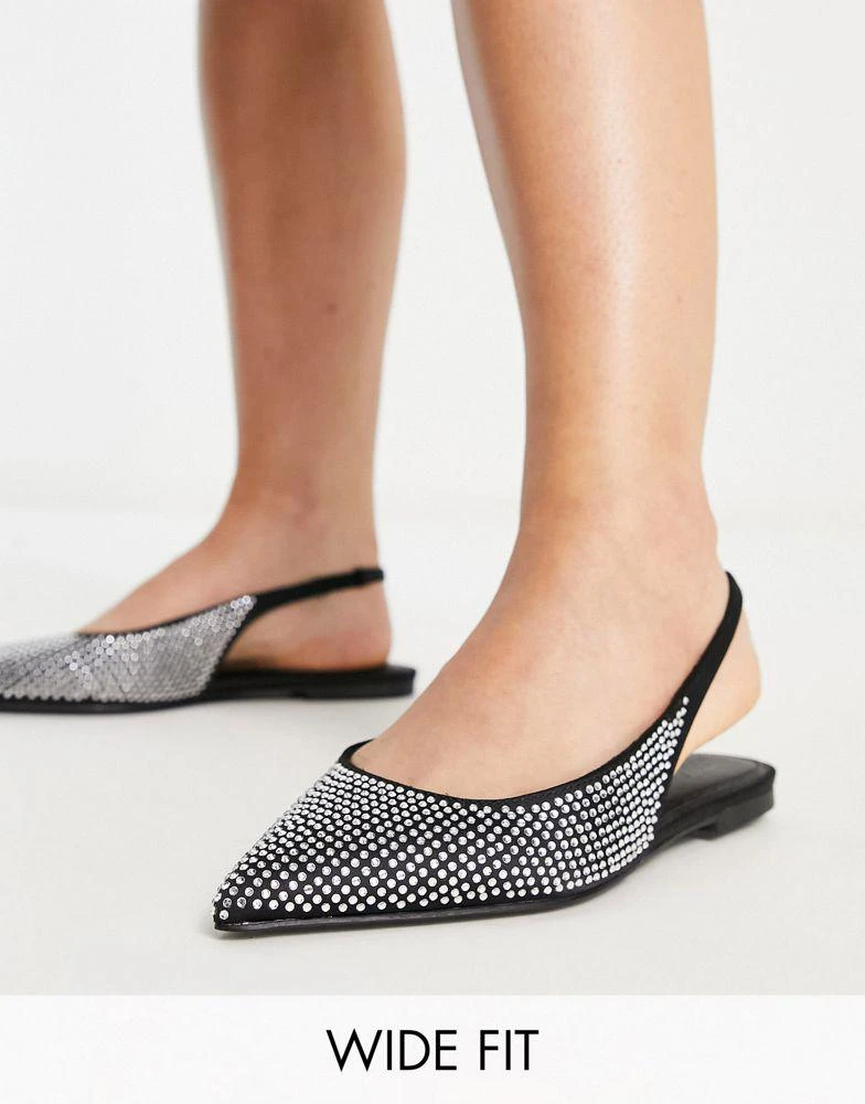 ASOS ASOS DESIGN Wide Fit Lala pointed slingback flats in black/silver diamante 1