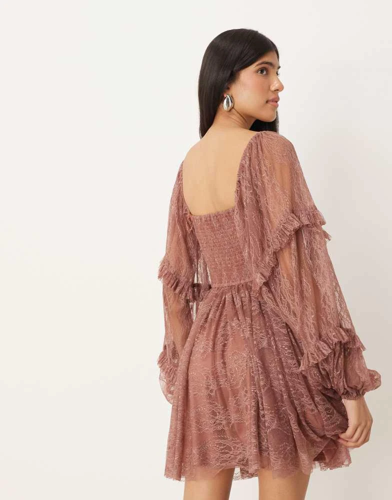 Lace & Beads balloon sleeve ruffle Lace mini dress in rose brown Lace & Beads balloon sleeve ruffle Lace mini dress in rose brown