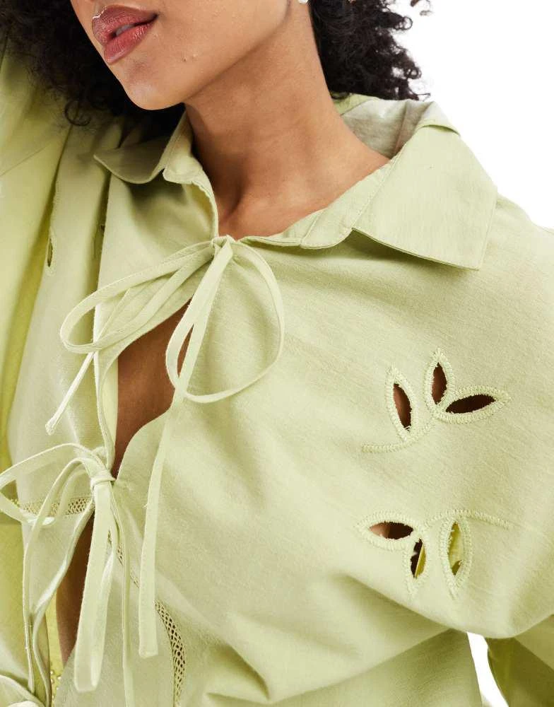 Native Youth Native Youth scallop edge tie detail blouse in sage green 3