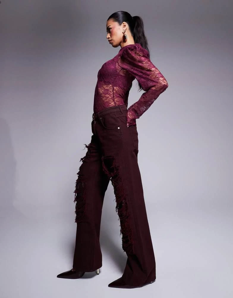 ASOS ASOS X THE SOURCED COLLECTION baggy jeans with lace and rips in burgundy 3