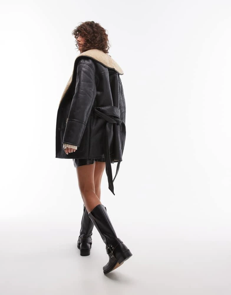 Topshop Topshop belted faux leather shearling jacket in black and cream 2