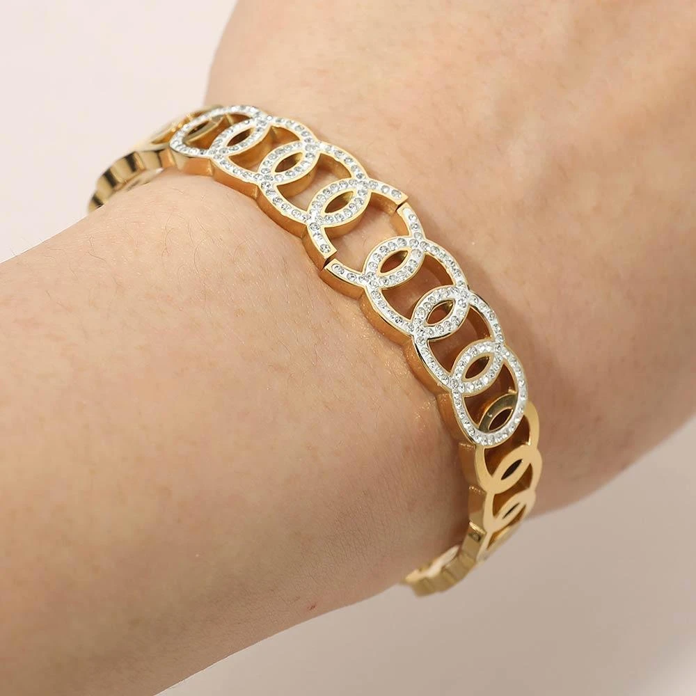 FASHNZFAB Stainless Steel CZ Pave Circle Link Hinged Bangle Bracelet