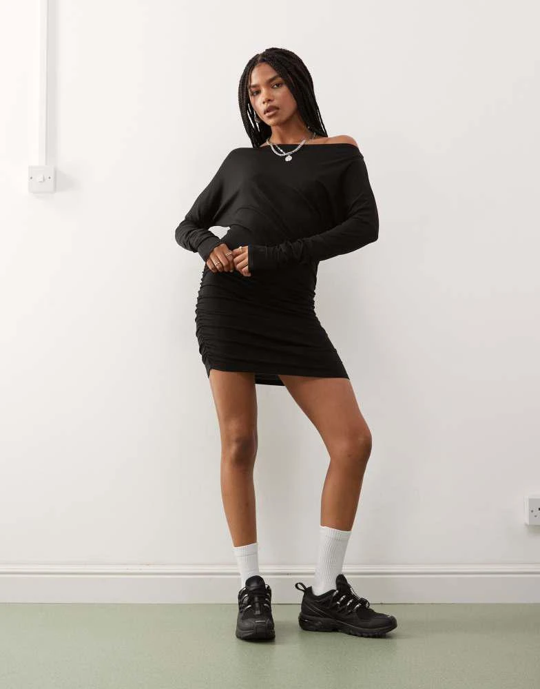 Weekday Weekday off shoulder long sleeve mini dress in black 1