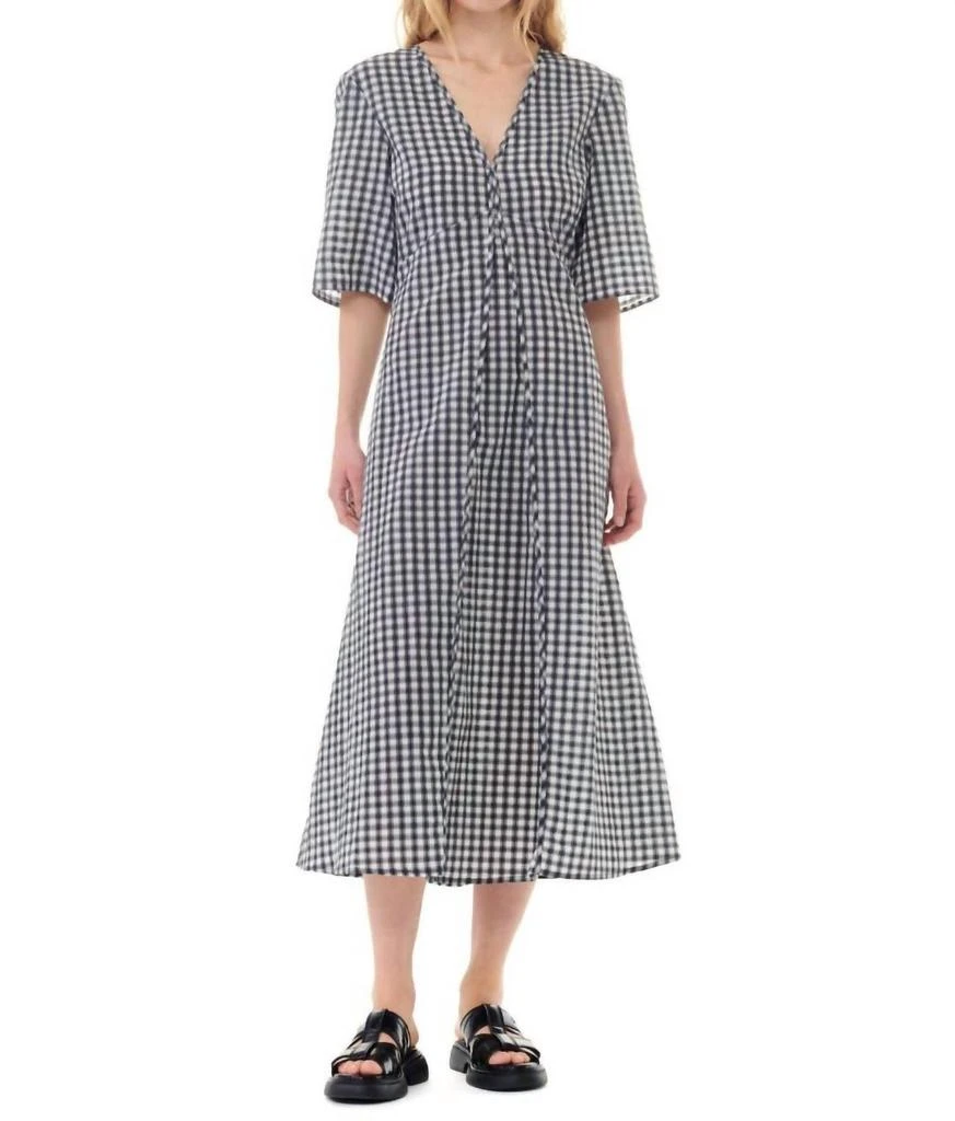 Ganni Seersucker Check V-Neck Long Dress In Egret 1
