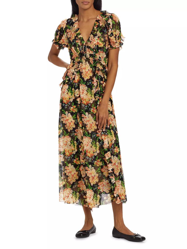 DÔEN Elisabeth Floral Silk Georgette Ruffle Midi-Dress