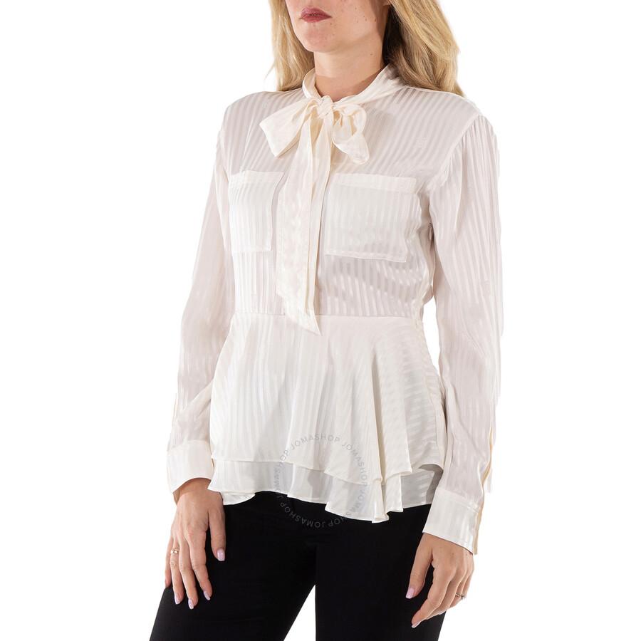 Burberry Leah Silk Tie-Neck Peplum Blouse In Natural White