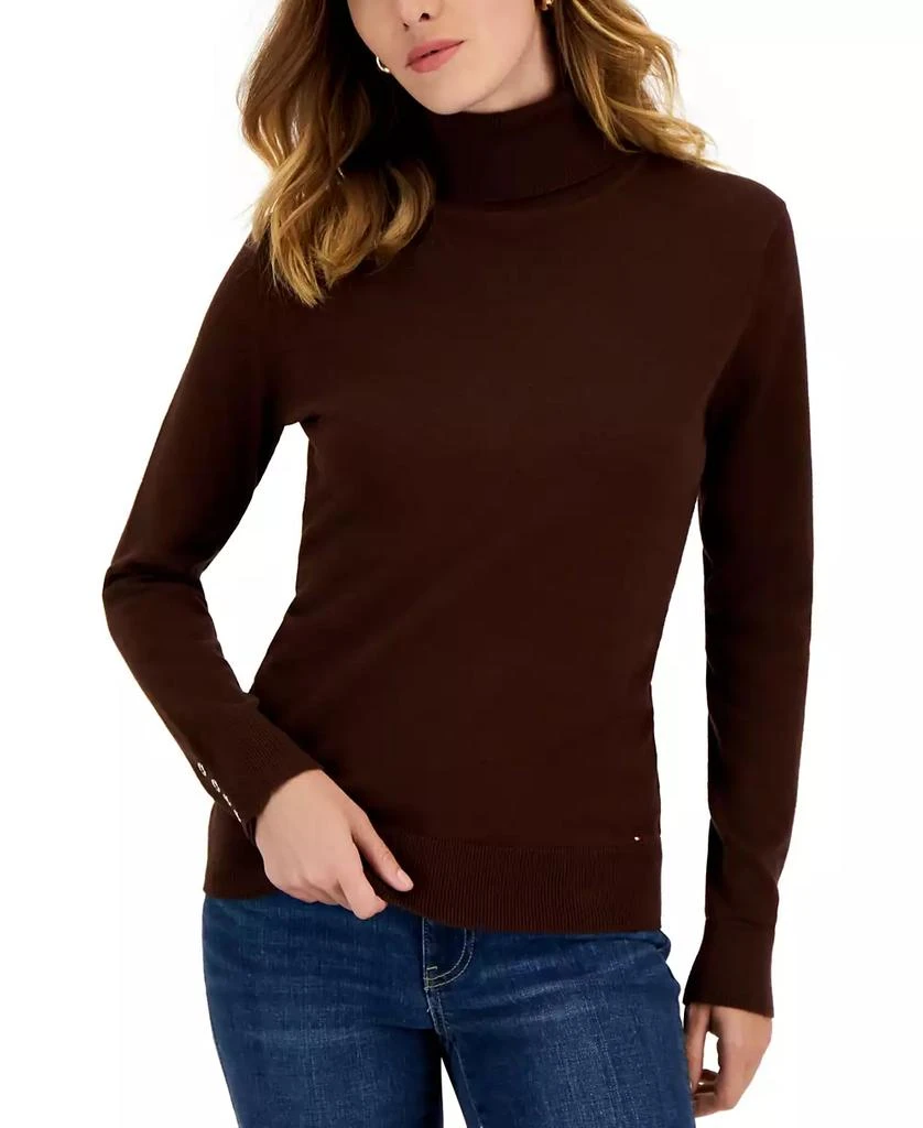 Tommy Hilfiger Women's Cotton Solid Button Cuff Turtleneck Sweater 1