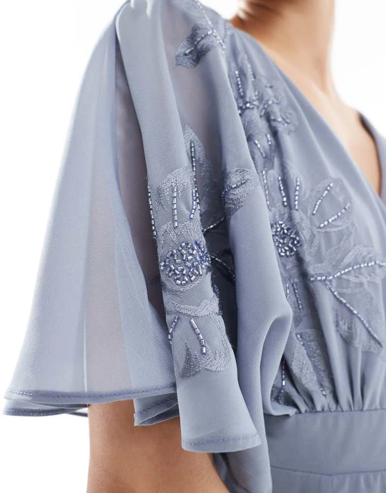 Maya Petite Maya Floral embroidered short sleeve maxi bridesmaid dress in dusty blue 2