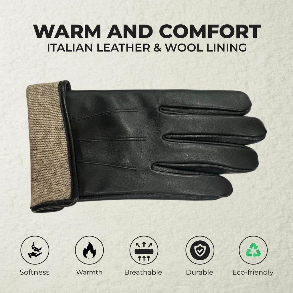 Infinity Leather Men’s Black Italian Leather Warm Wool Lining Winter Riding Driving Casual Gloves 3