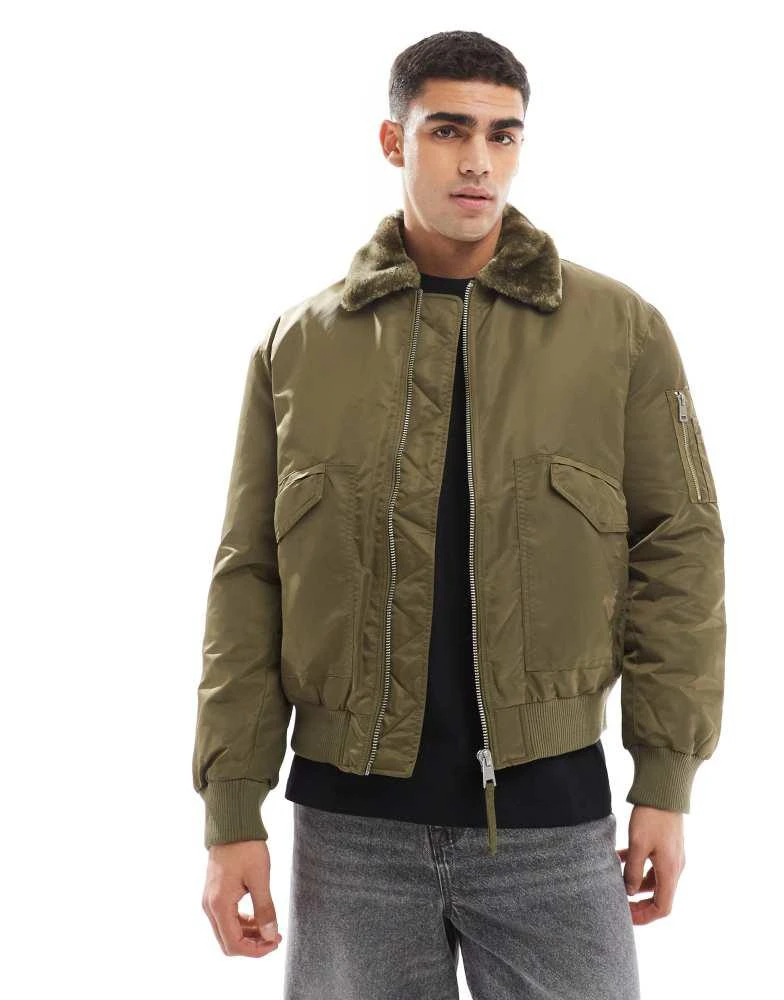 River Island River Island borg collar bomber jacket in khaki 1