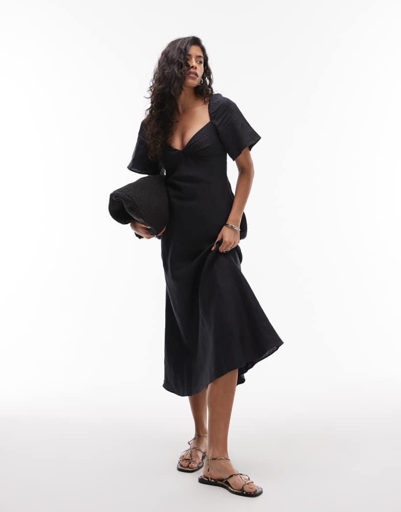 & Other Stories & Other Stories linen puff sleeve midaxi dress with twist sweetheart neckline in black