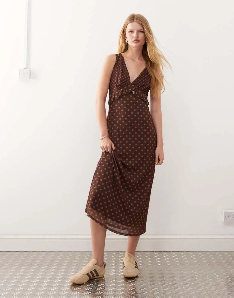 Reclaimed Vintage Reclaimed Vintage floaty midi dress with frill detail in mixed brown and pink polka dot print 1