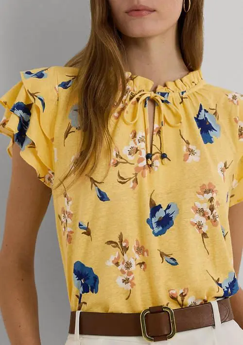 Ralph Lauren Petite Floral Linen Blend Jersey Tie Neck Top 3