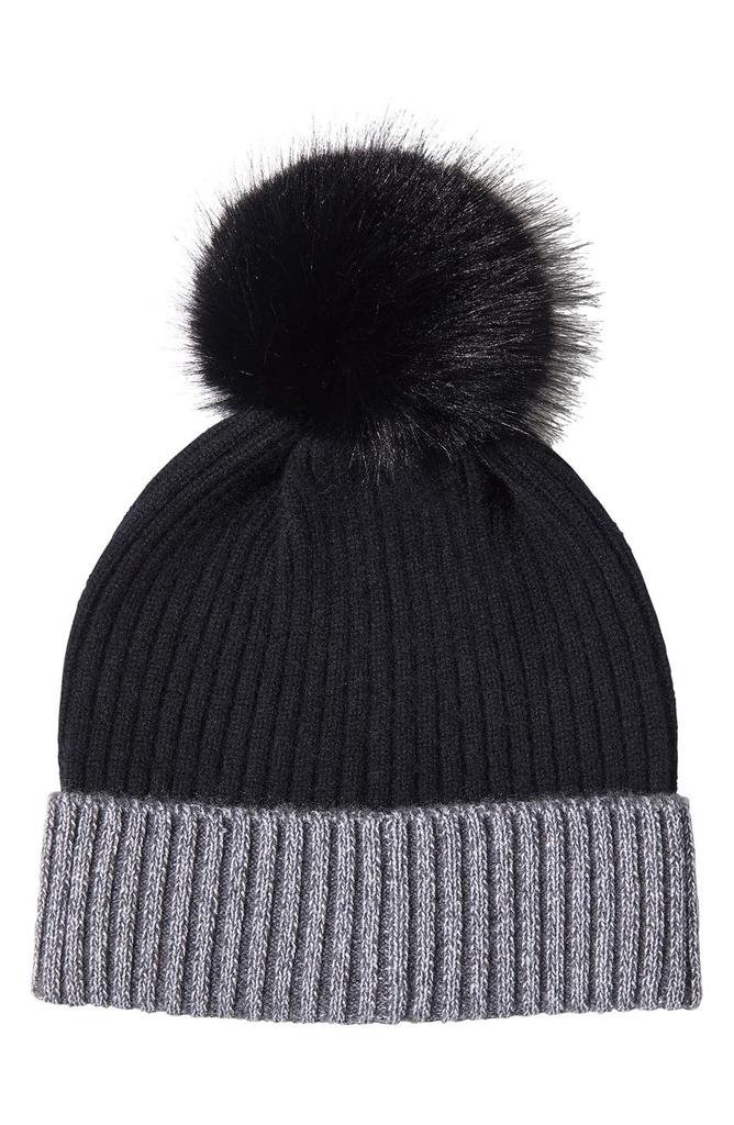 Sofia Cashmere Ribbed Cashmere Knit Beanie with Faux Fur Pompom