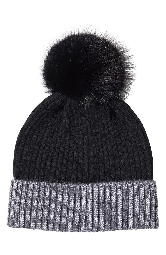 Sofia Cashmere Ribbed Cashmere Knit Beanie with Faux Fur Pompom 1