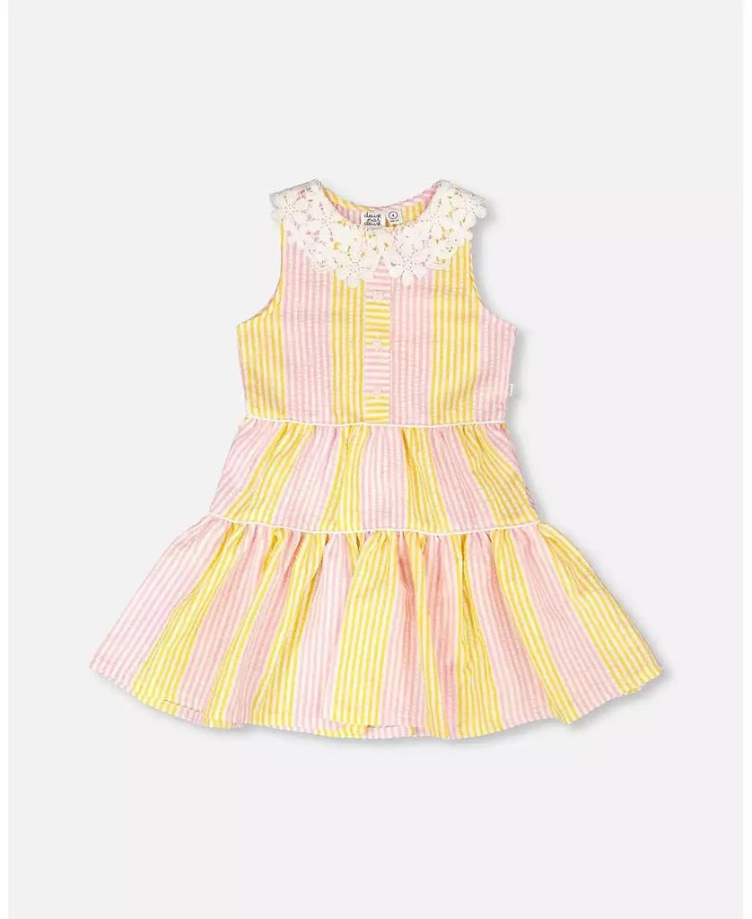 Deux par Deux Toddler Girls Sleeveless Dress with Crochet Peter Pan Collar Pink and Yellow Stripes