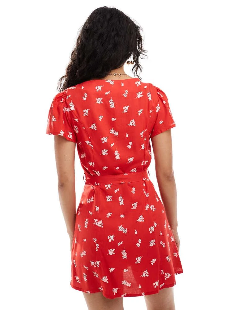 ASOS ASOS DESIGN button through mini tea dress with tie back in red ditsy floral print 4