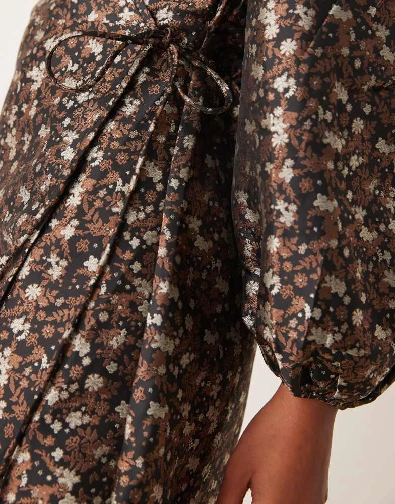 Glamorous Glamorous v neck balloon sleeve mini dress with front wrap in 70's black floral 3