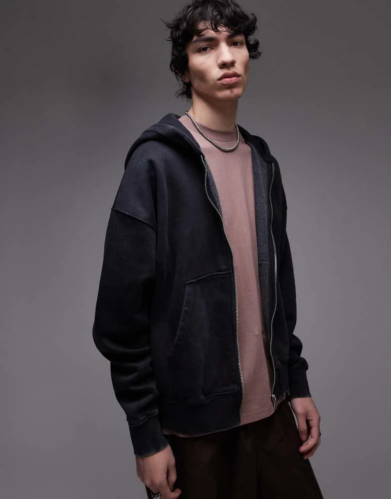 Topman Topman premium heavyweight oversized fit acid wash zip through hoodie in washed black 1