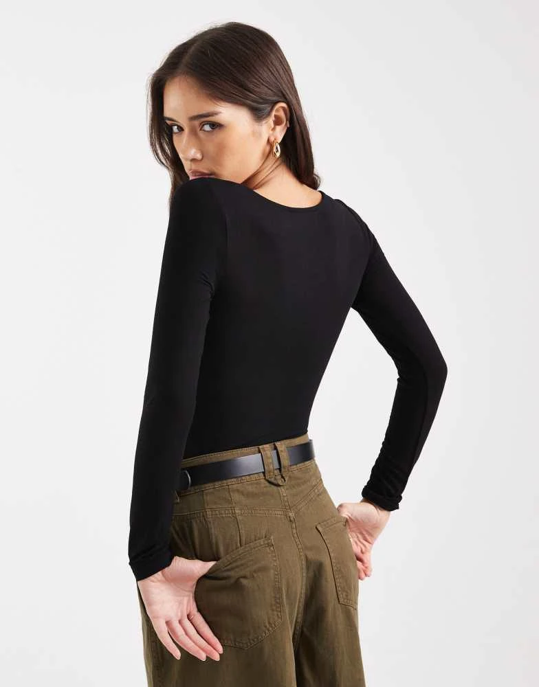 Miss Selfridge Miss Selfridge wrap long sleeve bodysuit in black 4