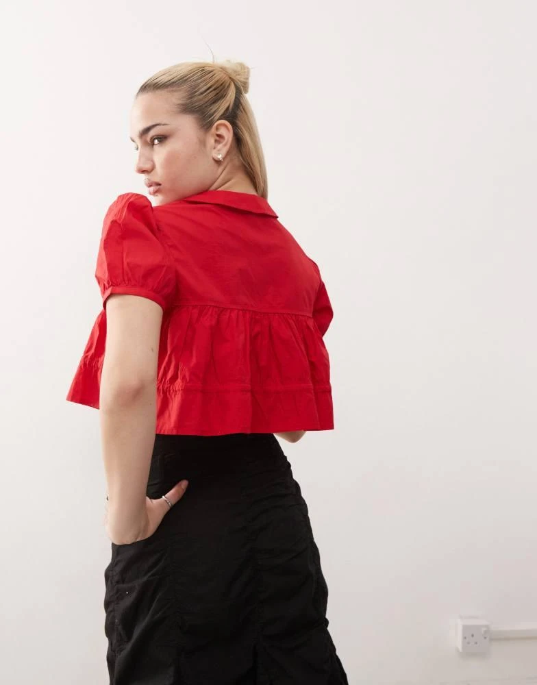 Monki Monki cotton poplin peplum tie shirt top with collar and front tie up detail in red 4