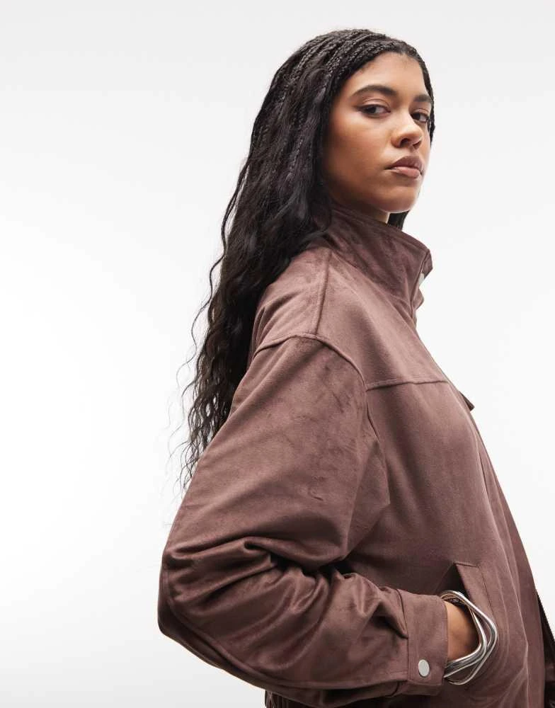 Liquor N Poker Liquor N Poker boxy faux suede funnel neck jacket in chocolate brown