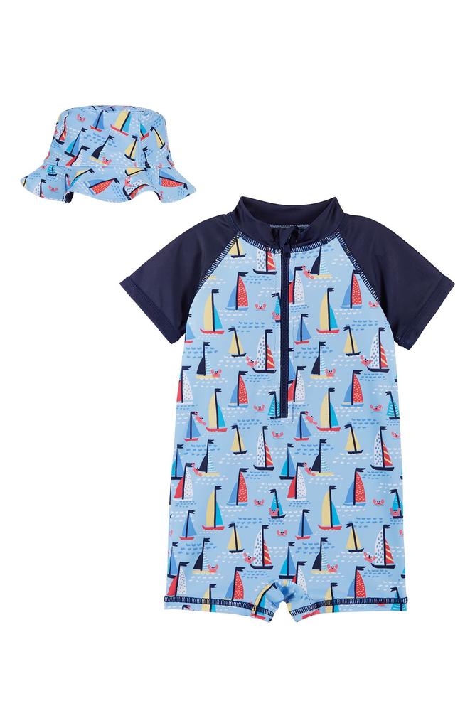 Andy & Evan One-Piece Rashguard Swimsuit & Hat Set