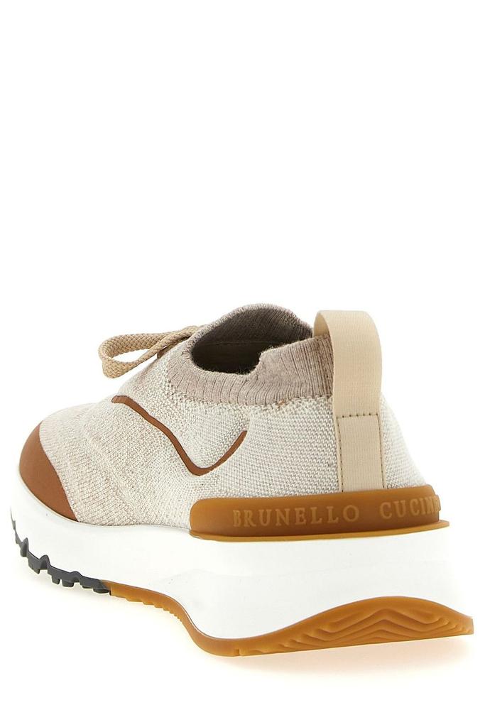 Shop Brunello Cucinelli Logo Embossed Knitted Lace-Up Sneakers on