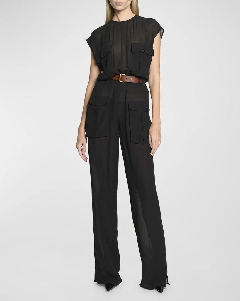 Yves Saint Laurent Combinaison Sleeveless Belted Silk Chiffon Utility Jumpsuit 1