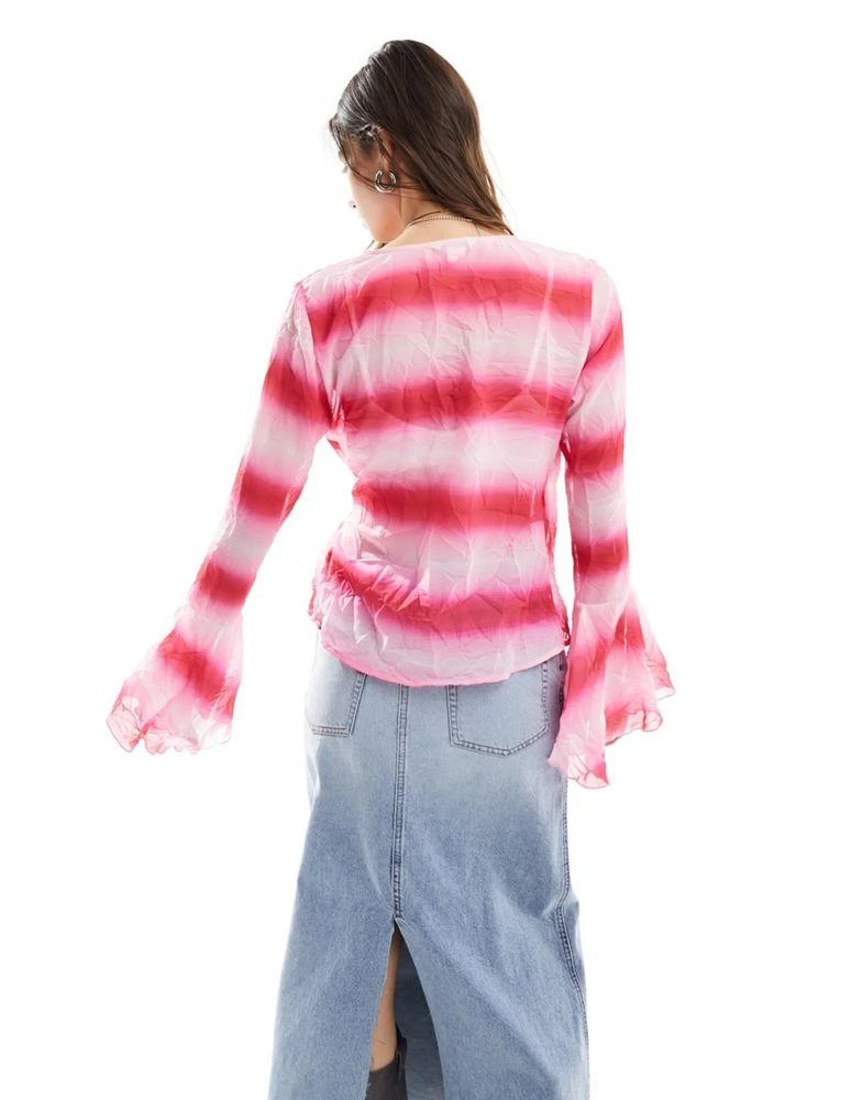 Monki Monki crinkle tie waist wrap blouse with fluted cuffs in in pink ombre print 4