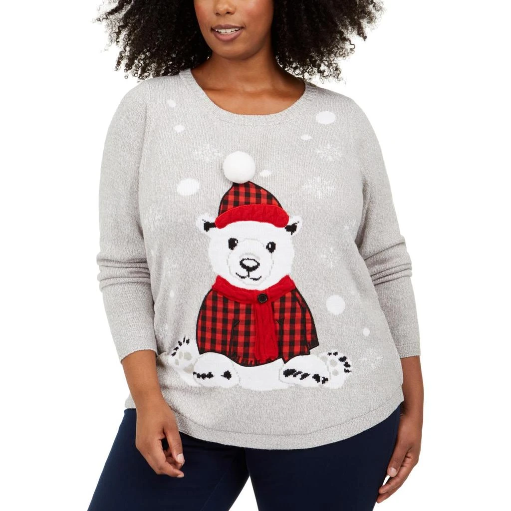 Charter Club Plus Buffalo Bear Womens Plaid Festive Christmas Sweater 1