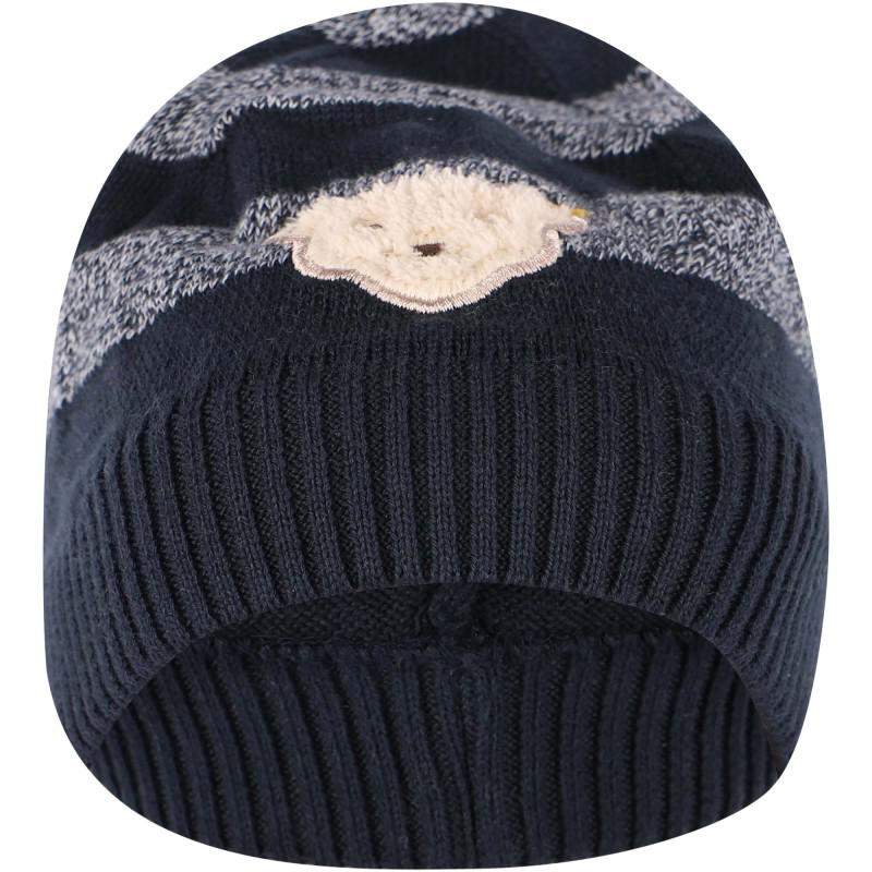 Steiff Bear logo striped beanie in navy and grey