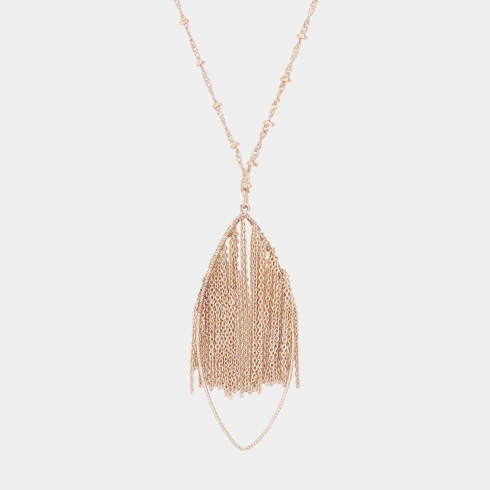 FASHNZFAB Metal Chain Fringe Oval Hoop Pendant Long Necklace