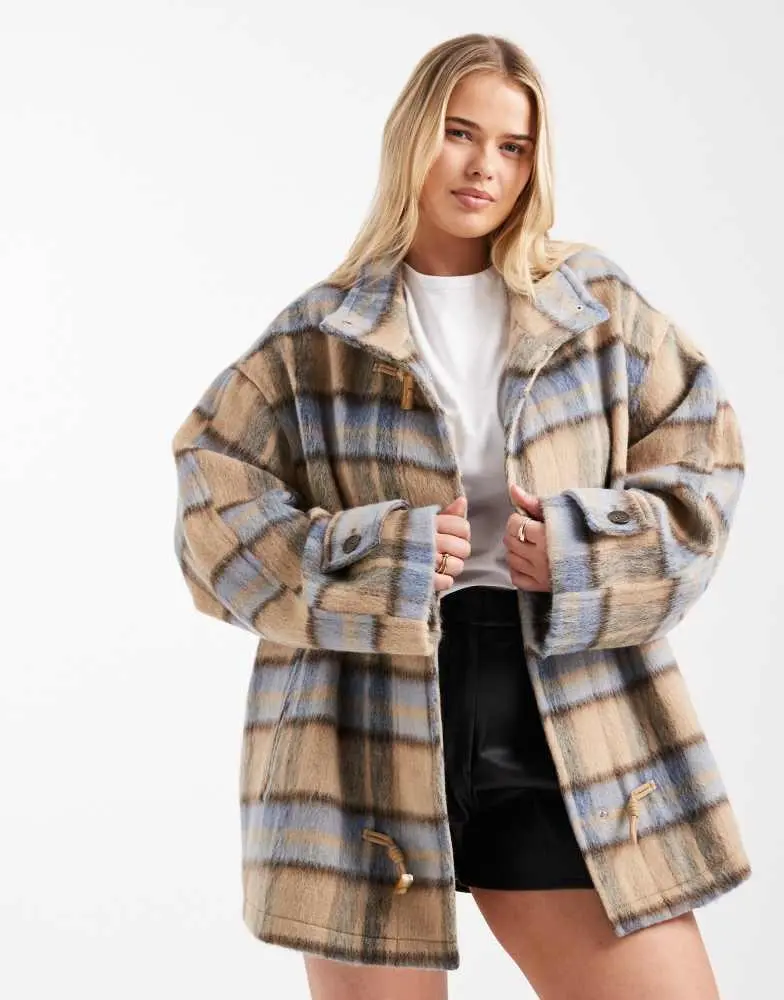 ASOS ASOS DESIGN Curve funnel neck car coat with wool and toggle detail in heritage check