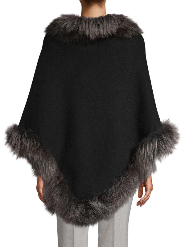 BELLE FARE Silver Fox Fur-Trim Wool-Blend Poncho