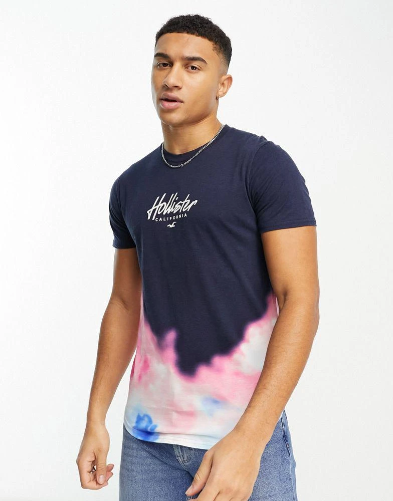 Hollister Hollister chest & back logo acid wash ombre longline t-shirt in blue 2