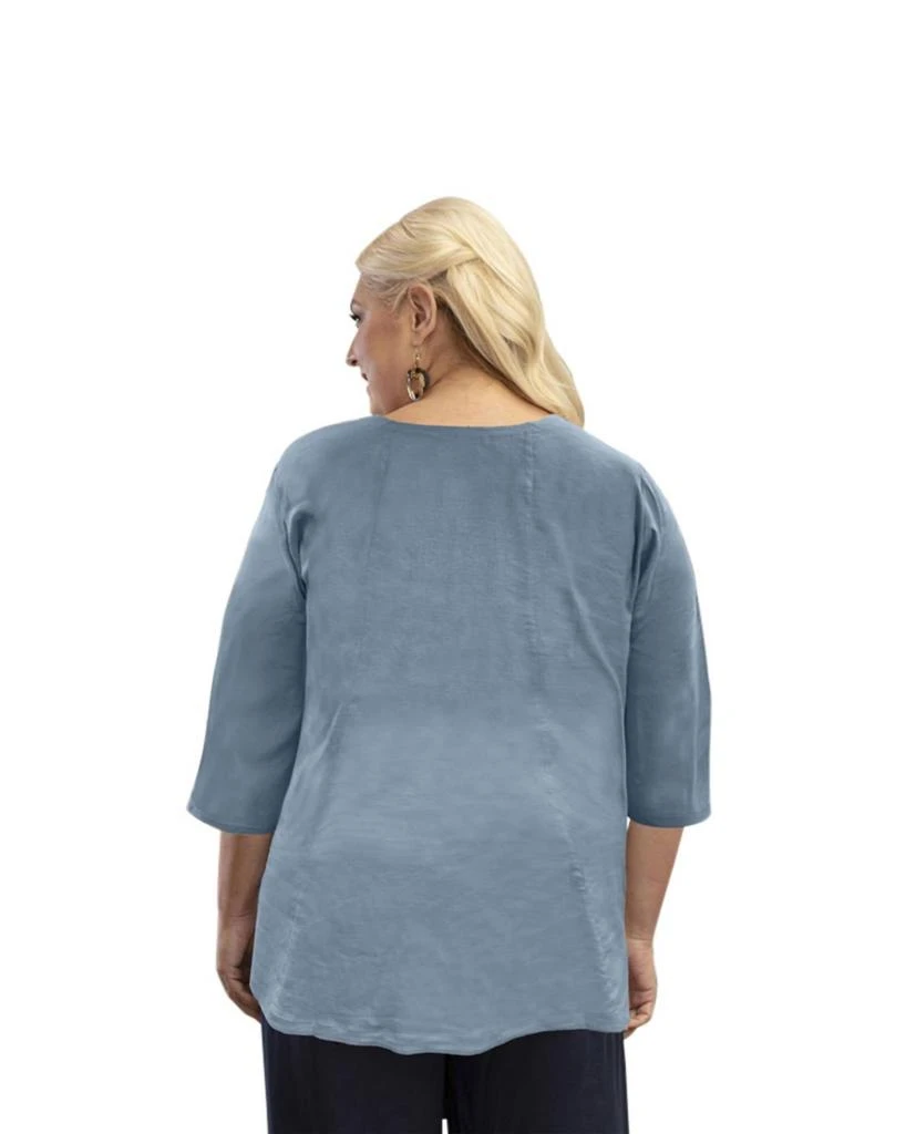 On The Plus Side Linen 3/4 Sleeve V-Neck Top - Plus In Cerulean Blue 3