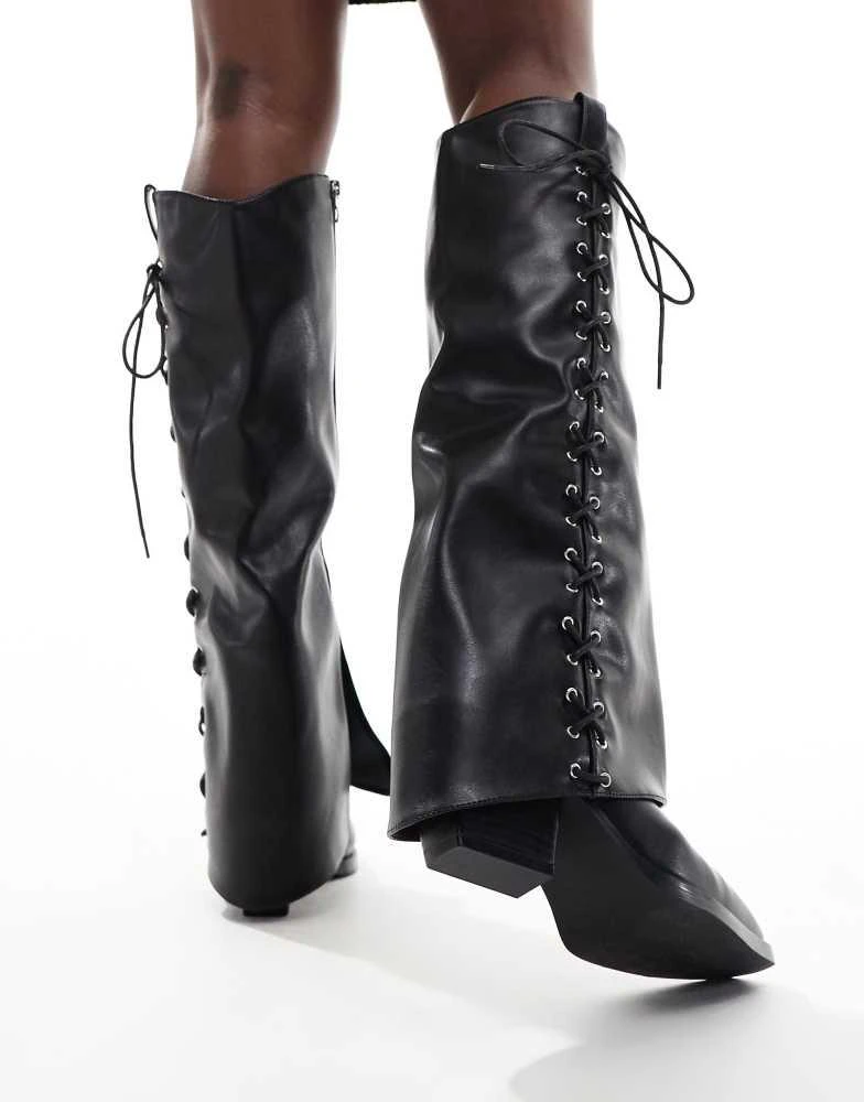 Glamorous Glamorous foldover western heeled knee boots with lace up bow in black 2
