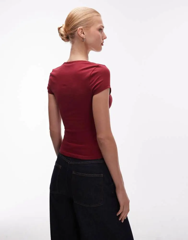 ASOS ASOS DESIGN cotton square neck cap sleeve top in burgundy 4
