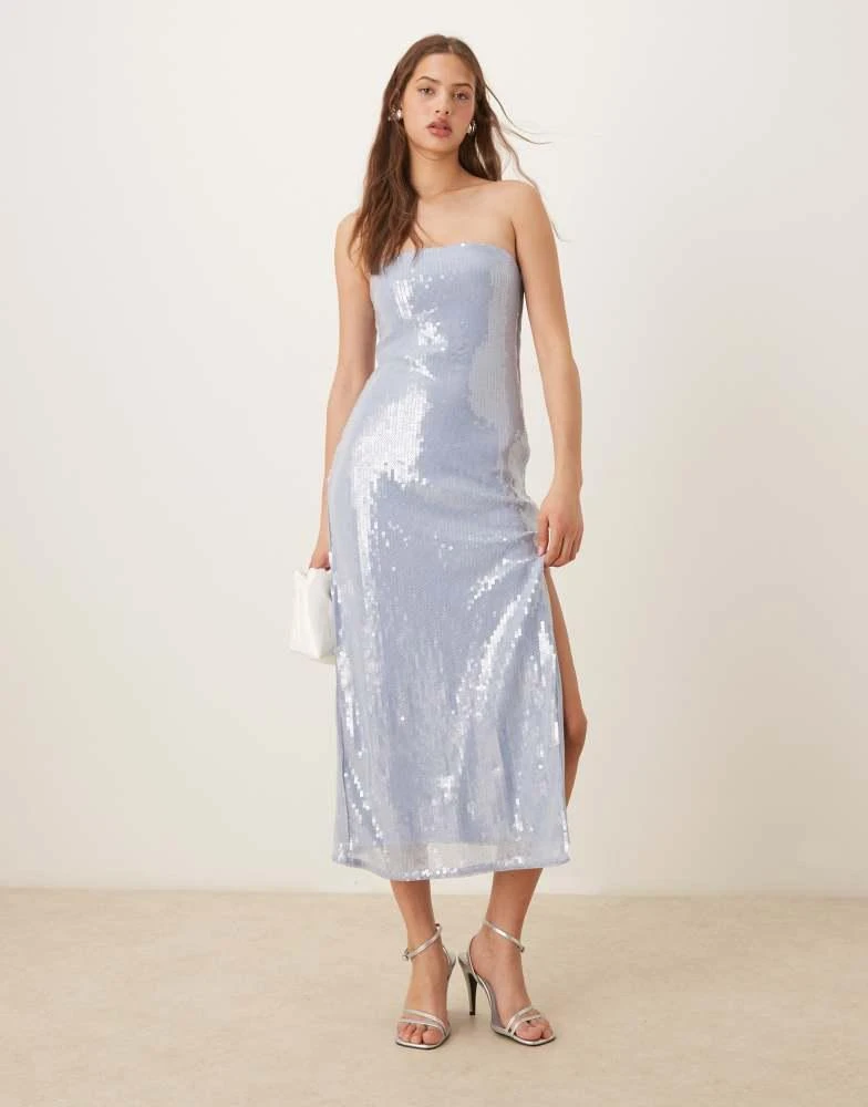 Abercrombie & Fitch Abercrombie & Fitch strapless sequin slip midi dress in blue 1